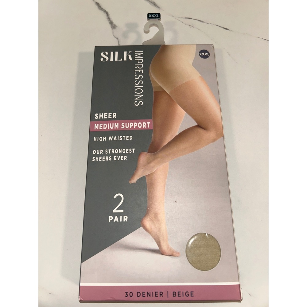 Silk Impressions Sheer Medium Support High Waisted Tights 2 Pair Beige XXXL